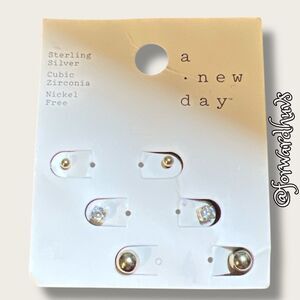 A New Day 3-Pair Earring Set – Sterling Silver, Cubic Zirconia, Nickel-Free